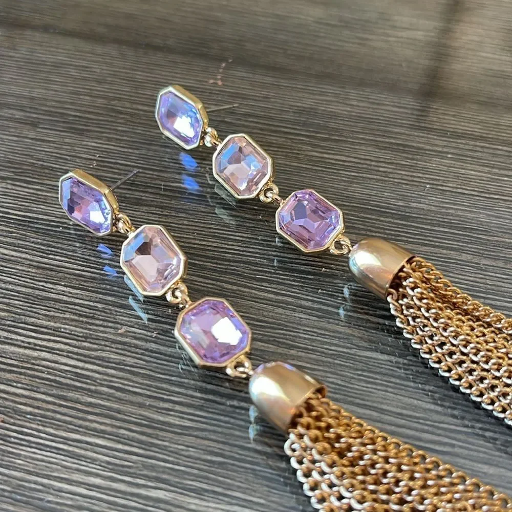 Long Dangling Pink & Purple Gold-tone Tassel Earrings